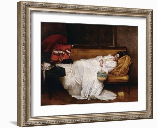 A Girl with a Japanese Fan Asleep on a Sofa-Alfred Emile Léopold Stevens-Framed Giclee Print