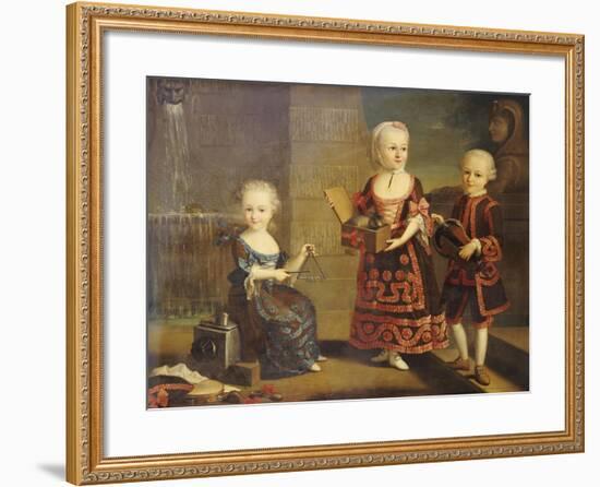 A Girl with a Marmoset in a Box, a Girl with a Triangle Sitting, and a Boy with a Hurdy-Gurdy-Francois Hubert Drouais-Framed Giclee Print