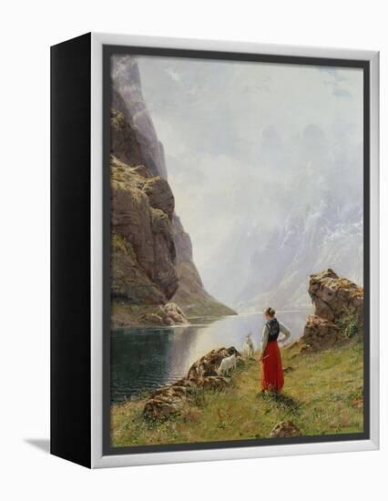 A Girl with Goats by a Fjord-Hans Dahl-Framed Premier Image Canvas