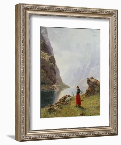 A Girl with Goats by a Fjord-Hans Dahl-Framed Giclee Print