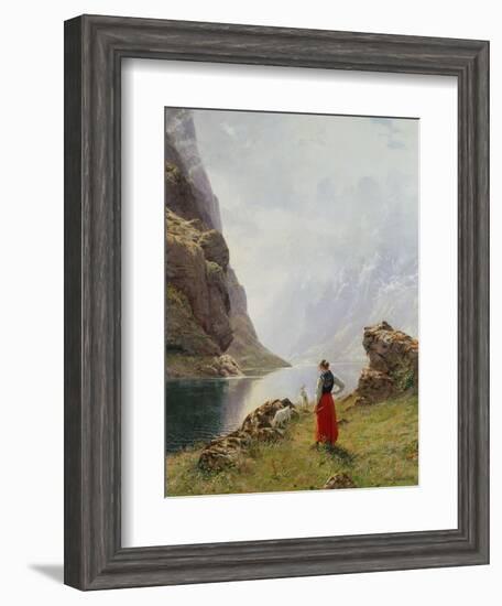 A Girl with Goats by a Fjord-Hans Dahl-Framed Giclee Print