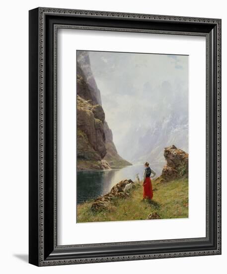A Girl with Goats by a Fjord-Hans Dahl-Framed Giclee Print