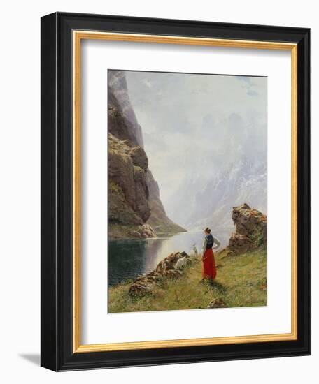 A Girl with Goats by a Fjord-Hans Dahl-Framed Giclee Print