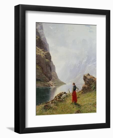 A Girl with Goats by a Fjord-Hans Dahl-Framed Premium Giclee Print