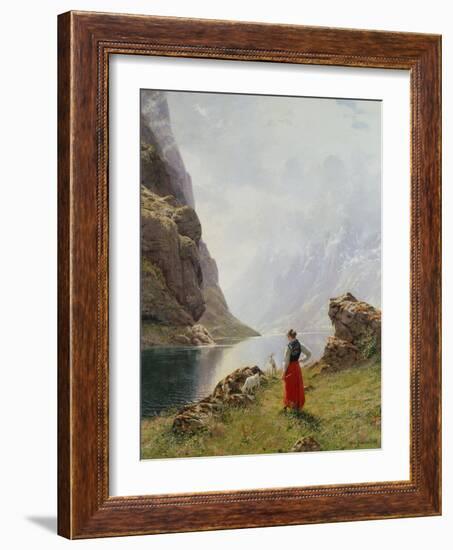 A Girl with Goats by a Fjord-Hans Dahl-Framed Giclee Print