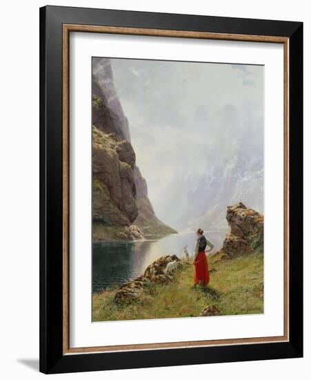 A Girl with Goats by a Fjord-Hans Dahl-Framed Giclee Print