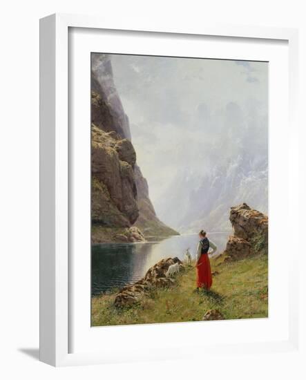 A Girl with Goats by a Fjord-Hans Dahl-Framed Giclee Print