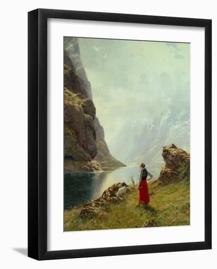 A Girl with Goats by a Fjord-Hans Andreas Dahl-Framed Giclee Print