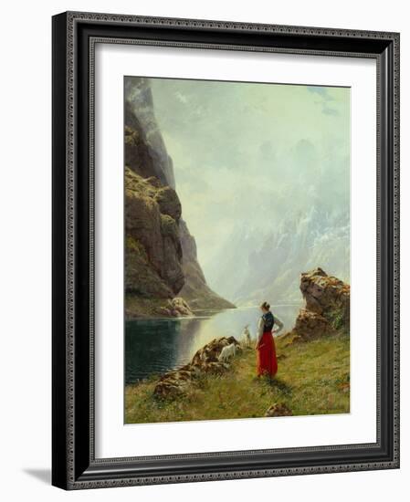 A Girl with Goats by a Fjord-Hans Andreas Dahl-Framed Giclee Print