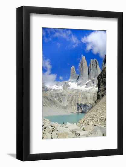 A glacial lake and the rock towers that give the Torres del Paine range its name, Torres del Paine -Alex Robinson-Framed Photographic Print