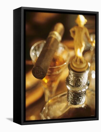 A Glass of Brandy a Decanter and a Cigar-null-Framed Premier Image Canvas