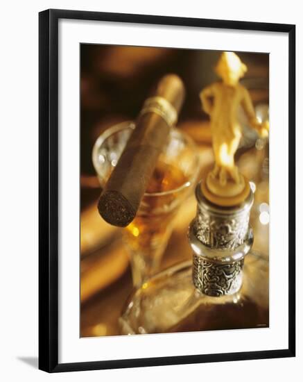 A Glass of Brandy a Decanter and a Cigar-null-Framed Photographic Print