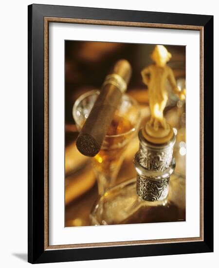 A Glass of Brandy a Decanter and a Cigar-null-Framed Photographic Print