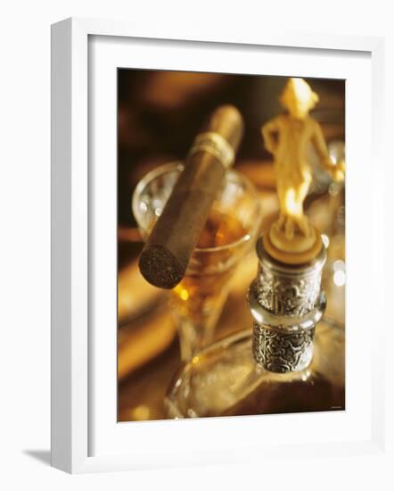 A Glass of Brandy a Decanter and a Cigar-null-Framed Photographic Print