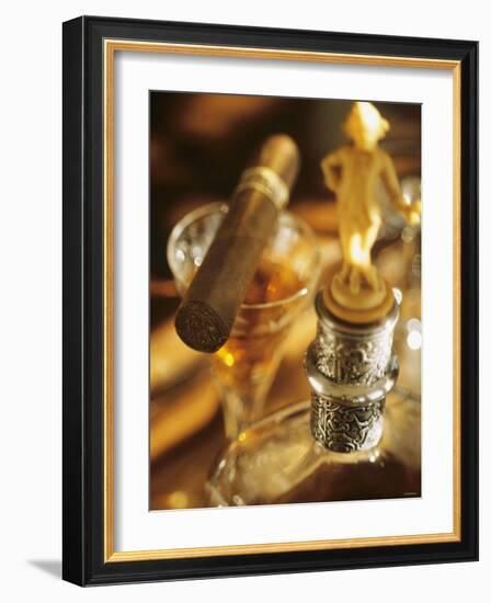 A Glass of Brandy a Decanter and a Cigar-null-Framed Photographic Print