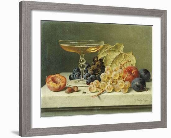 A Glass of Champagne, Grapes Plums and a Peach on a Marble Ledge-Emilie Preyer-Framed Giclee Print