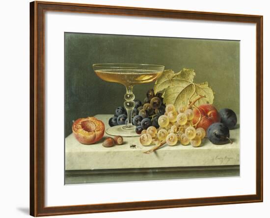 A Glass of Champagne, Grapes Plums and a Peach on a Marble Ledge-Emilie Preyer-Framed Giclee Print