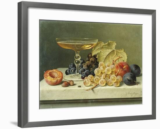 A Glass of Champagne, Grapes Plums and a Peach on a Marble Ledge-Emilie Preyer-Framed Giclee Print