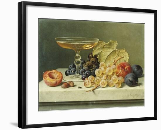 A Glass of Champagne, Grapes Plums and a Peach on a Marble Ledge-Emilie Preyer-Framed Giclee Print