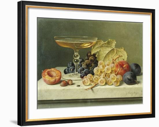 A Glass of Champagne, Grapes Plums and a Peach on a Marble Ledge-Emilie Preyer-Framed Giclee Print