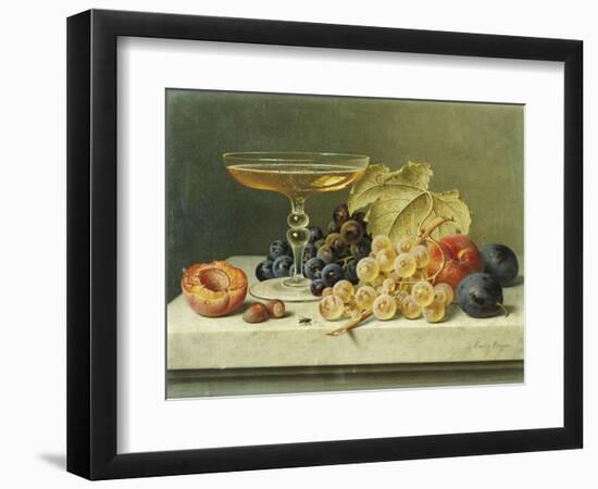 A Glass of Champagne, Grapes Plums and a Peach on a Marble Ledge-Emilie Preyer-Framed Giclee Print