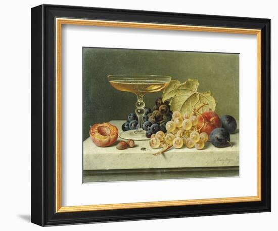 A Glass of Champagne, Grapes Plums and a Peach on a Marble Ledge-Emilie Preyer-Framed Giclee Print