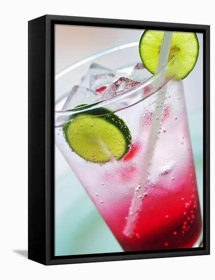 A Glass of Raspberry Soda with Ice Cubes and Lime Slices-null-Framed Premier Image Canvas