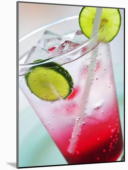 A Glass of Raspberry Soda with Ice Cubes and Lime Slices-null-Mounted Photographic Print