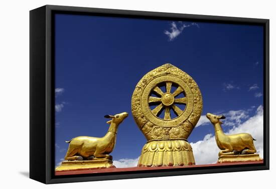 A Golden Dharma Wheel and Deer Sculptures-Simon Montgomery-Framed Premier Image Canvas