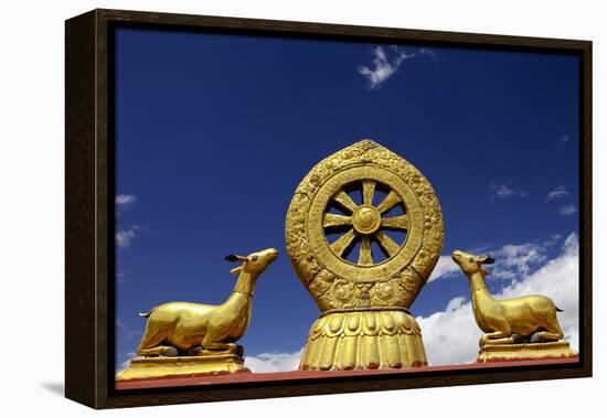 A Golden Dharma Wheel and Deer Sculptures-Simon Montgomery-Framed Premier Image Canvas