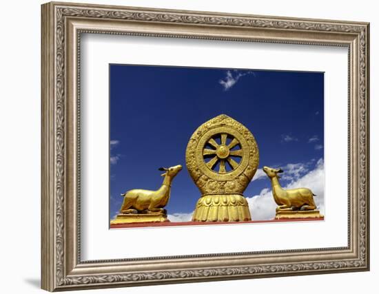 A Golden Dharma Wheel and Deer Sculptures-Simon Montgomery-Framed Photographic Print