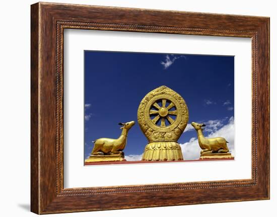 A Golden Dharma Wheel and Deer Sculptures-Simon Montgomery-Framed Photographic Print