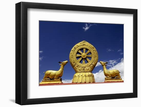 A Golden Dharma Wheel and Deer Sculptures-Simon Montgomery-Framed Photographic Print