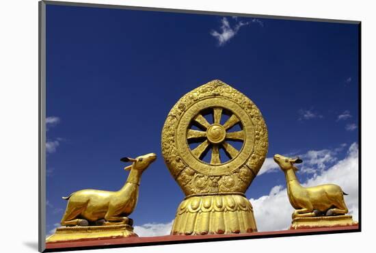 A Golden Dharma Wheel and Deer Sculptures-Simon Montgomery-Mounted Photographic Print