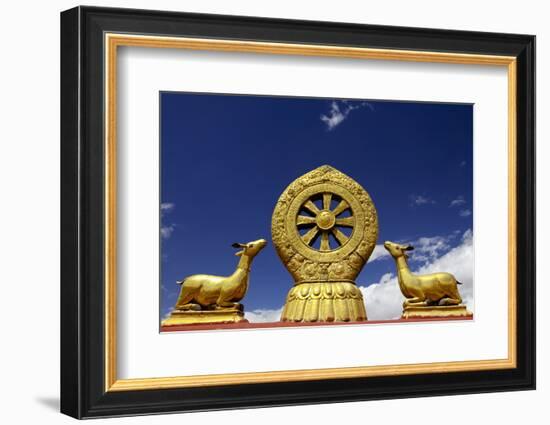 A Golden Dharma Wheel and Deer Sculptures-Simon Montgomery-Framed Photographic Print