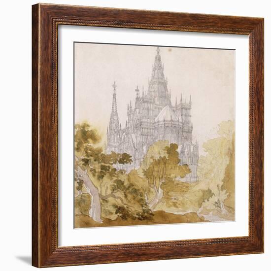 A Gothic Cathederal Near Bauman; Eine Gotische Kathedrale Hinter Baumen, 1814-15-Karl Friedrich Schinkel-Framed Giclee Print