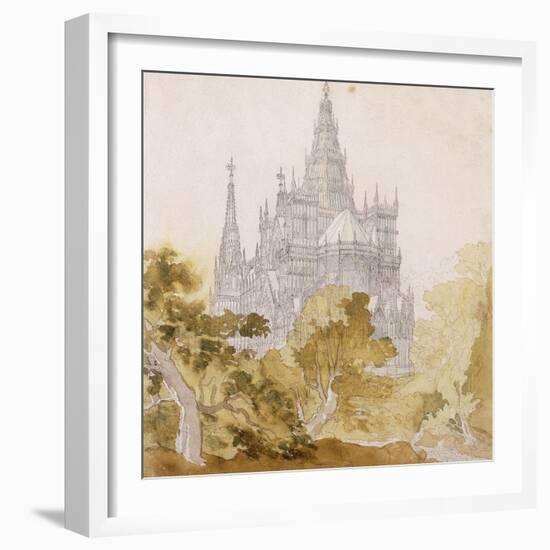 A Gothic Cathederal Near Bauman; Eine Gotische Kathedrale Hinter Baumen, 1814-15-Karl Friedrich Schinkel-Framed Giclee Print