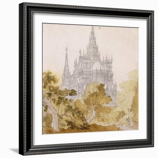 A Gothic Cathederal Near Bauman; Eine Gotische Kathedrale Hinter Baumen, 1814-15-Karl Friedrich Schinkel-Framed Giclee Print