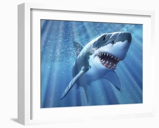 A Great White Shark with Sunrays Just Below the Surface-null-Framed Art Print