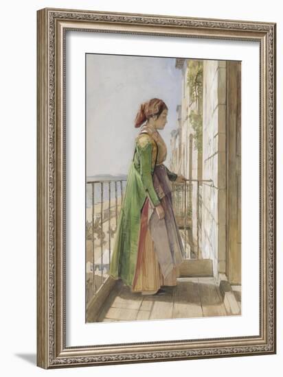 A Greek Girl Standing on a Balcony, C.1840 (W/C and Gouache over Graphite on Paper)-John Frederick Lewis-Framed Giclee Print