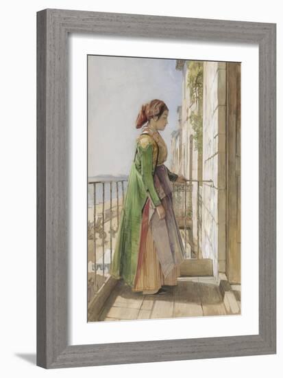 A Greek Girl Standing on a Balcony, C.1840 (W/C and Gouache over Graphite on Paper)-John Frederick Lewis-Framed Giclee Print