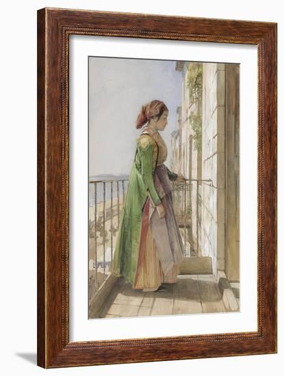 A Greek Girl Standing on a Balcony, C.1840 (W/C and Gouache over Graphite on Paper)-John Frederick Lewis-Framed Giclee Print