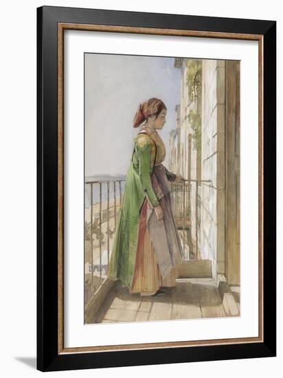 A Greek Girl Standing on a Balcony, C.1840 (W/C and Gouache over Graphite on Paper)-John Frederick Lewis-Framed Giclee Print