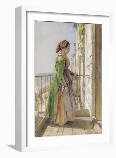 A Greek Girl Standing on a Balcony, C.1840 (W/C and Gouache over Graphite on Paper)-John Frederick Lewis-Framed Giclee Print