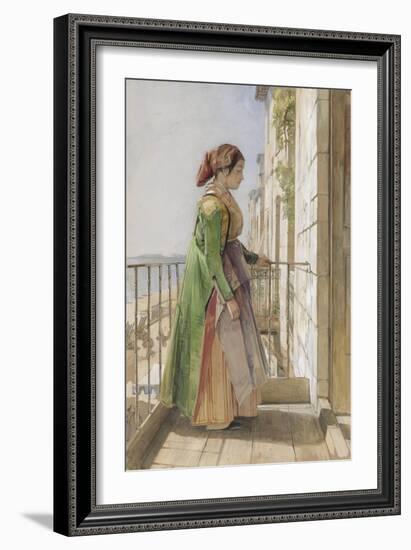 A Greek Girl Standing on a Balcony, C.1840 (W/C and Gouache over Graphite on Paper)-John Frederick Lewis-Framed Giclee Print