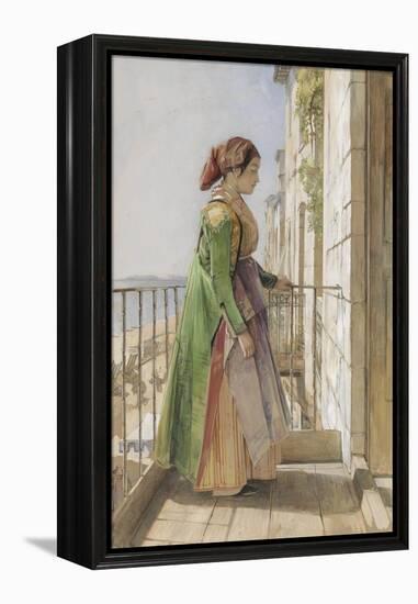 A Greek Girl Standing on a Balcony, C.1840 (W/C and Gouache over Graphite on Paper)-John Frederick Lewis-Framed Premier Image Canvas