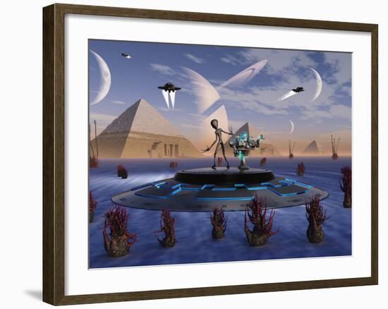 A Grey Alien Visits the Site of Three Pyramids on an Alien World-Stocktrek Images-Framed Photographic Print