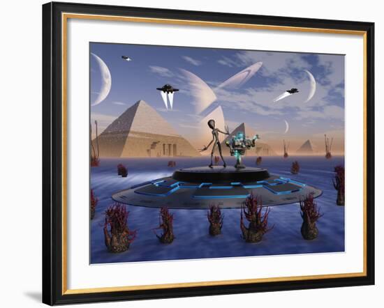 A Grey Alien Visits the Site of Three Pyramids on an Alien World-Stocktrek Images-Framed Photographic Print