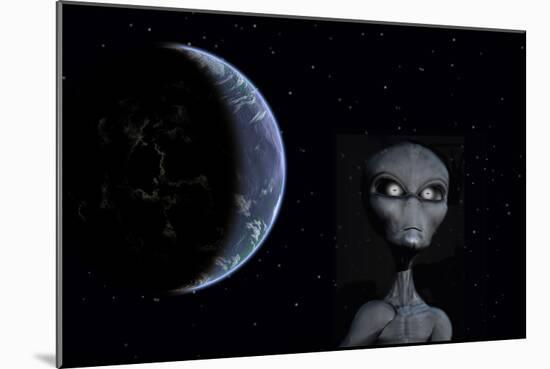 A Grey Alien with Planet Earth in the Background-null-Mounted Art Print