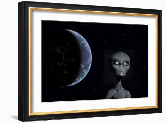 A Grey Alien with Planet Earth in the Background-null-Framed Art Print